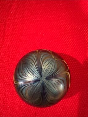 Signed Iridescent Blue  green, gold Glass Paperweight. signed 1975